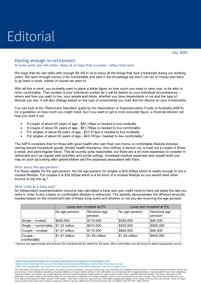 Editorial July 2020 - Having enough in retirement